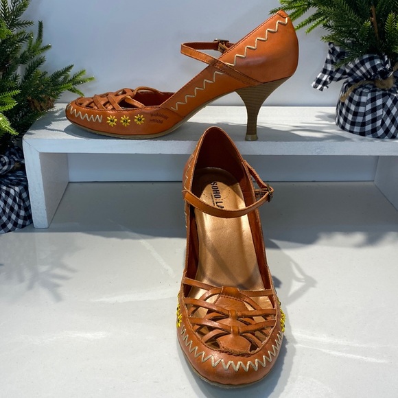 Cognac Brown Soho Lab Boho Kitten Heel Shoes - Picture 1 of 7